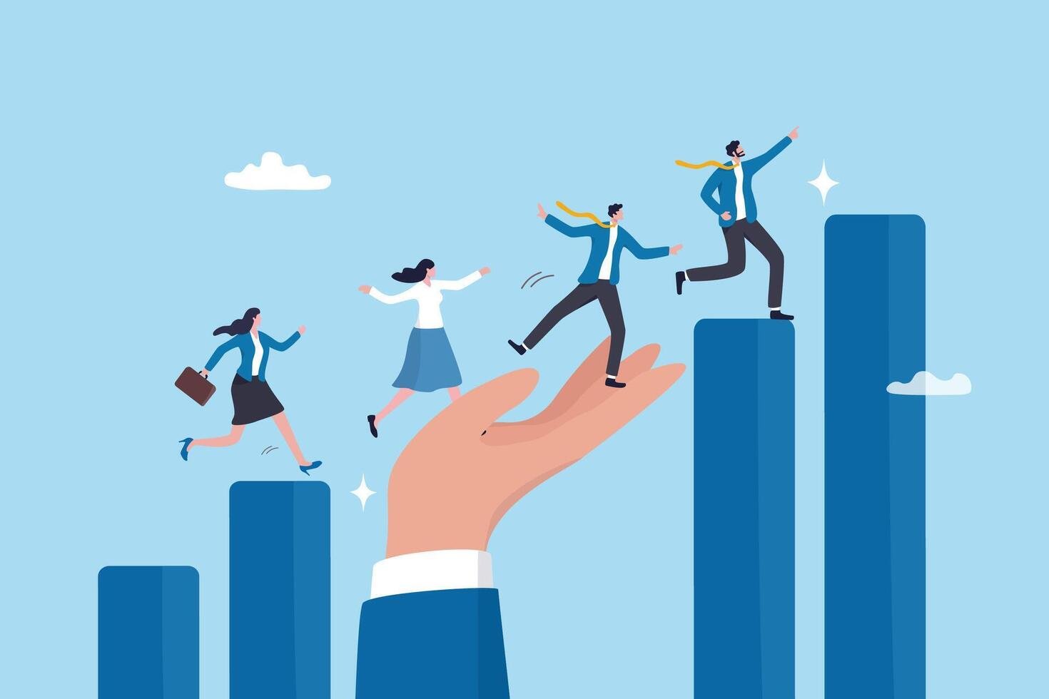growth assistance support or help to success growing business career path or leadership helping employee achievement manager support concept businessman hand help people climb growth graph vector